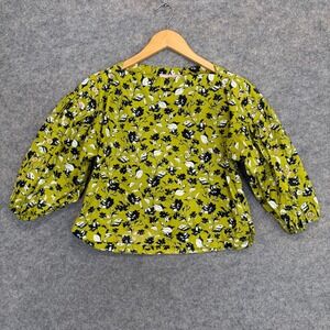 BURU Floral Cropped Button Sleeve Blouse Womens XS‎ Lime Green Silhouette